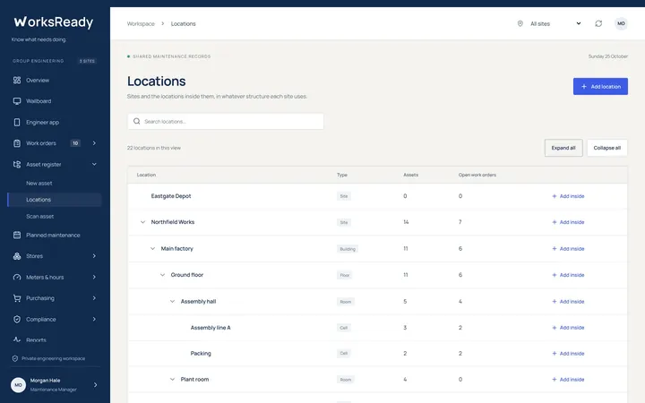 Location tree screen from the WorksReady demo workspace