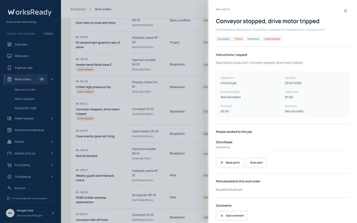 Work order screen from the WorksReady demo workspace