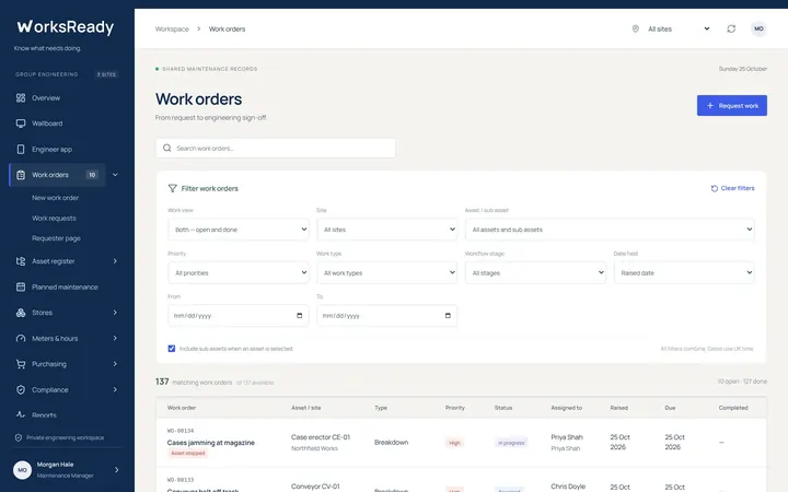 Work order list screen from the WorksReady demo workspace